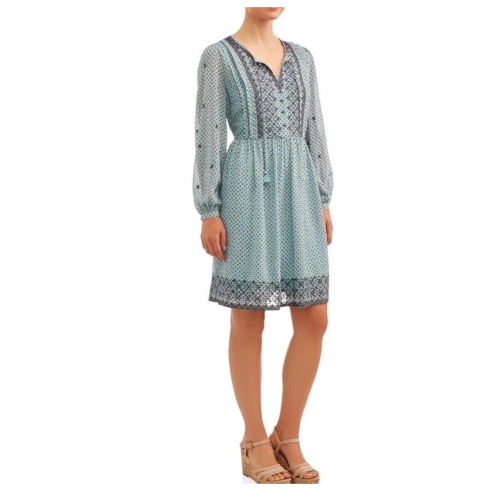 Blue Embroidered Peasant Mini Dress Tassel L Boho Cottagecore Fairy Festival